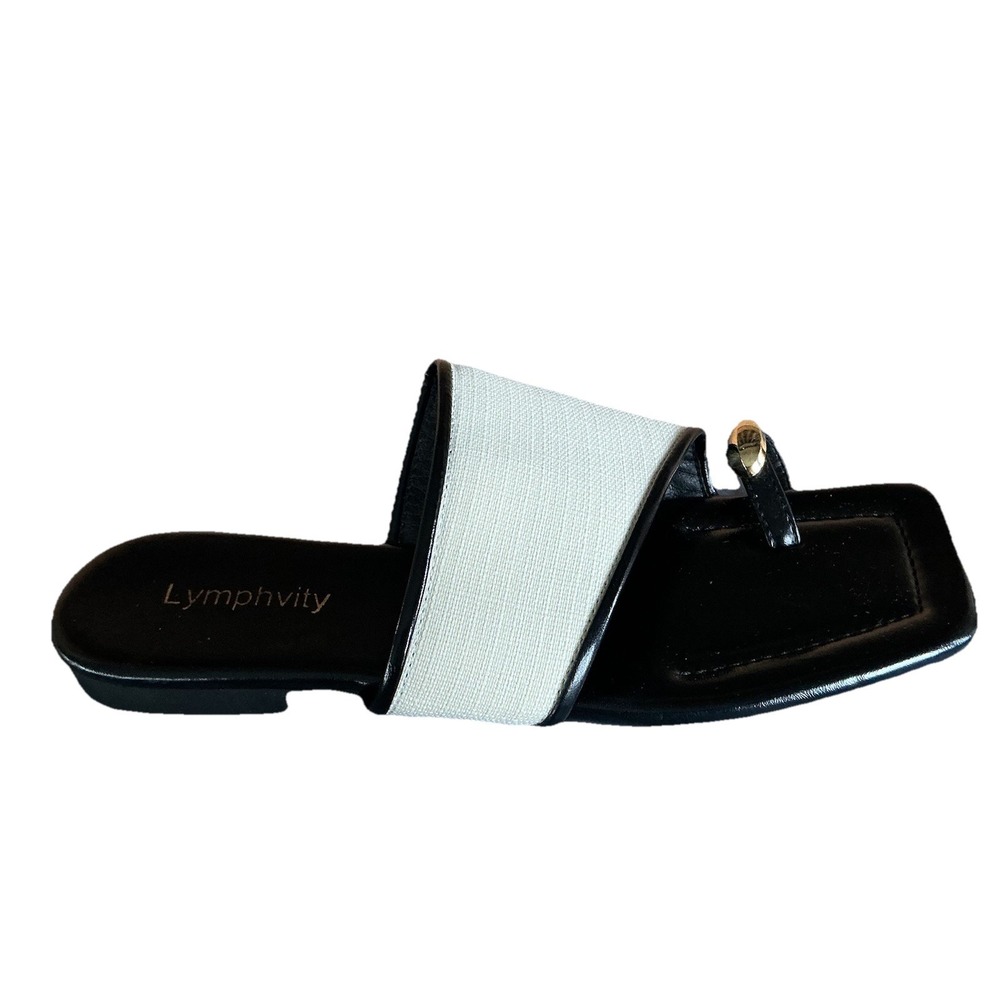 Lymphvity Women's 9.5 Black White‎ Linen Gold Toe Ring Sandals Classic Chic